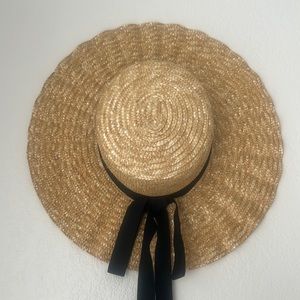 ASOS Design Scalloped Wide Brim Sun Hat with Black Bow Ribbon